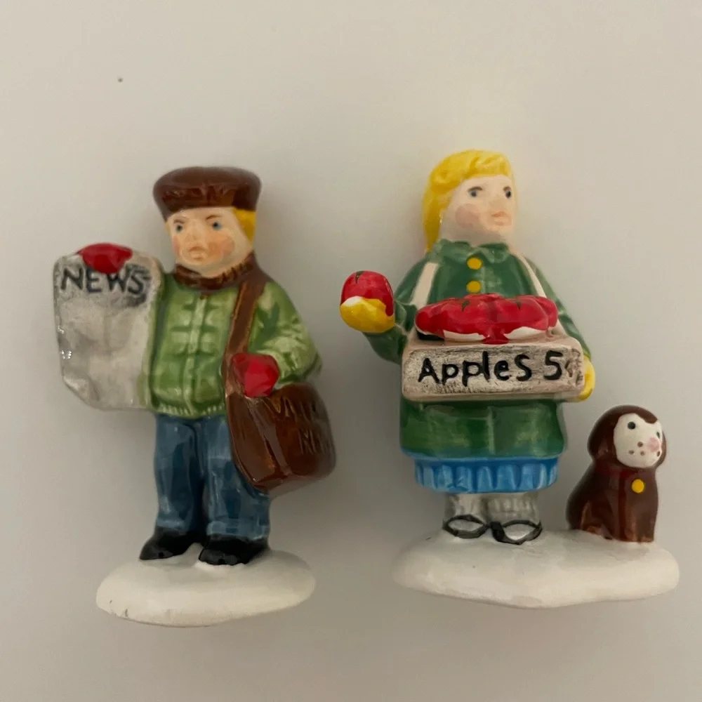 Dept 56 Set/2 snow village figurines girl selling apples and news boy